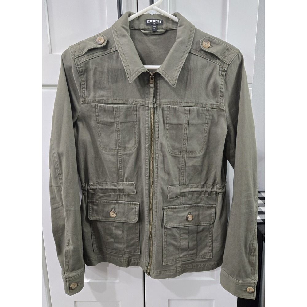 Express Army Green Utility Jacket Women Small Military Cargo Coat Drawstring‎